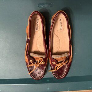 Women's Sperry Topsider Brown Leather Boat Shoes with Anchor Detail.  Size 8.